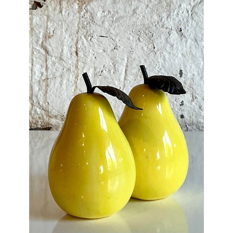 Vintage Boho Glazed Ceramic Pears - Set of 2 - Detail view