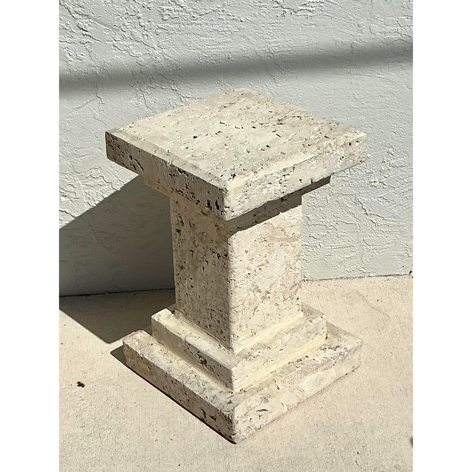 Vintage Boho Carved Coquina Pedestal - Top view