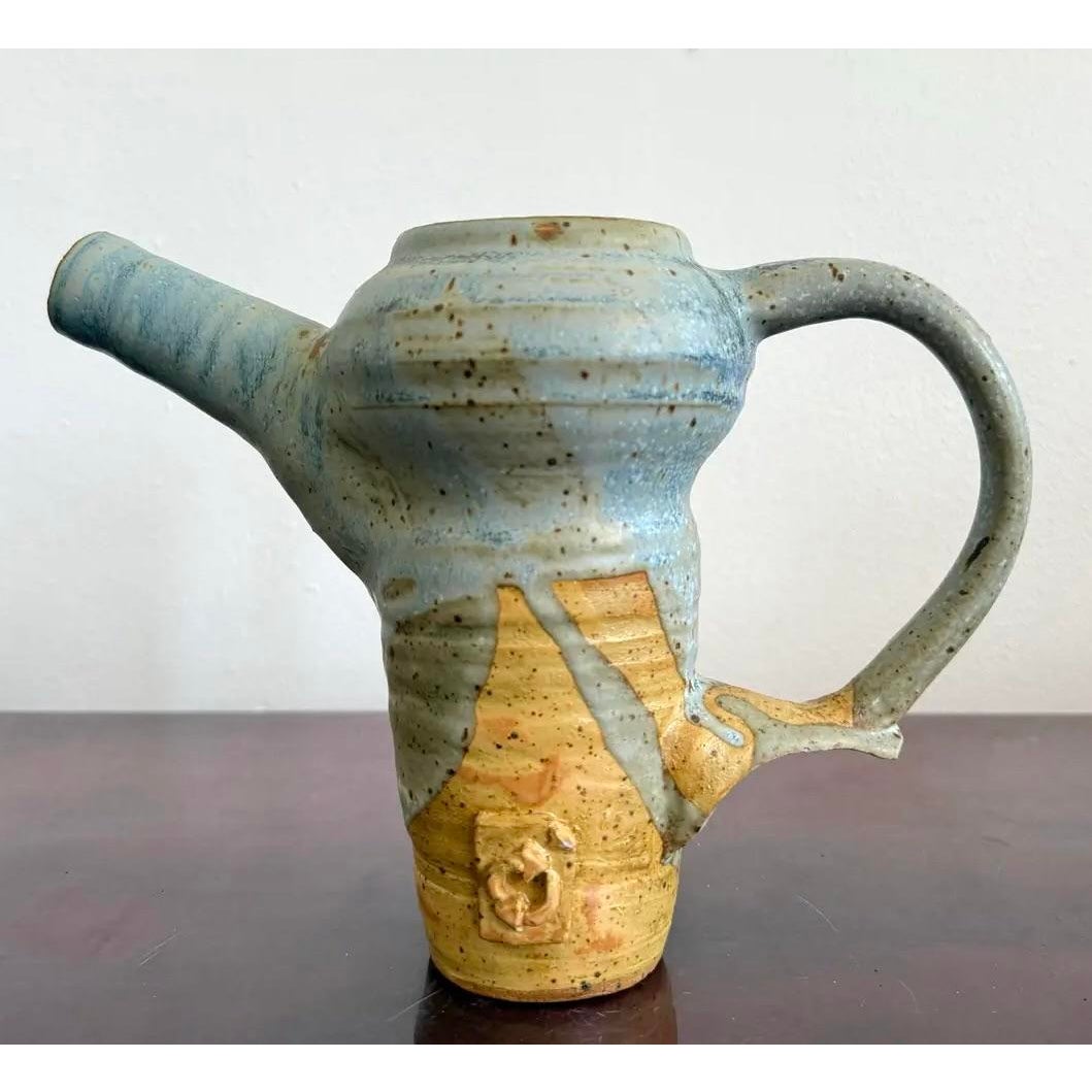 Vintage Boho Studio Pottery Pitcher - Ceramic, 10W x 7.25H - Side view