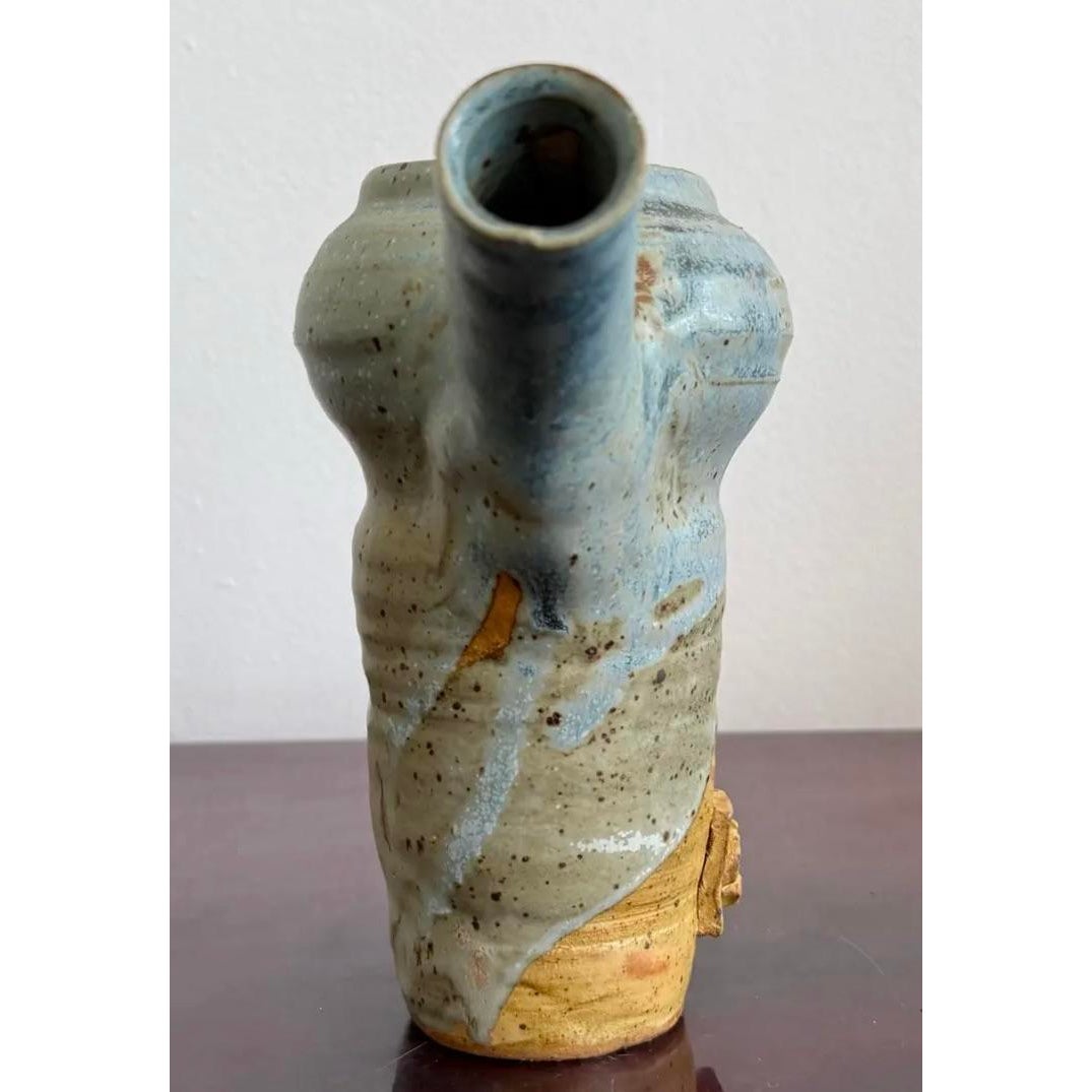 Vintage Boho Studio Pottery Pitcher - Ceramic, 10W x 7.25H - Back view