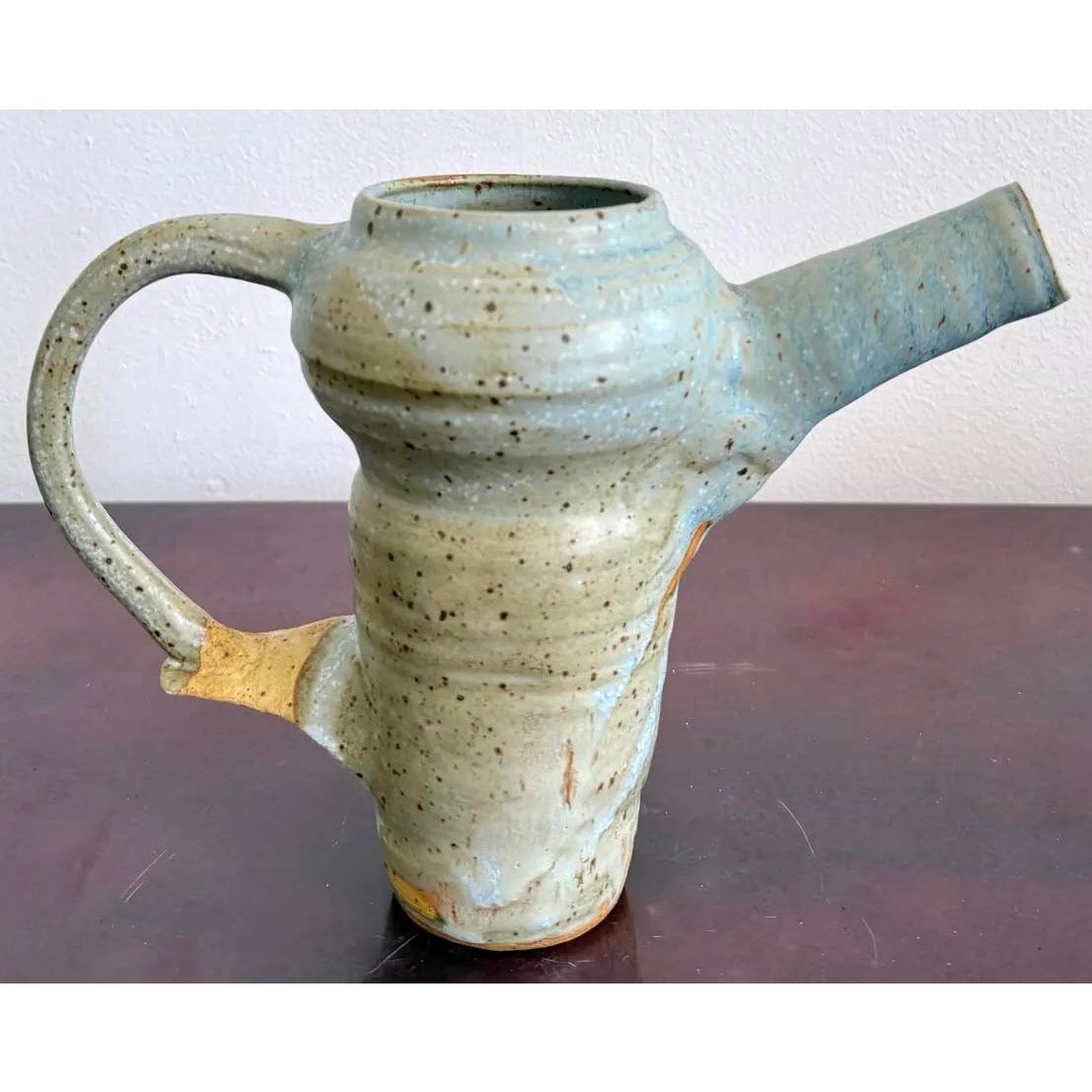 Vintage Boho Studio Pottery Pitcher - Ceramic, 10W x 7.25H - Top view