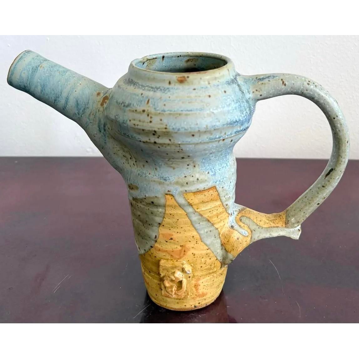 Vintage Boho Studio Pottery Pitcher - Ceramic, 10W x 7.25H - Detail view