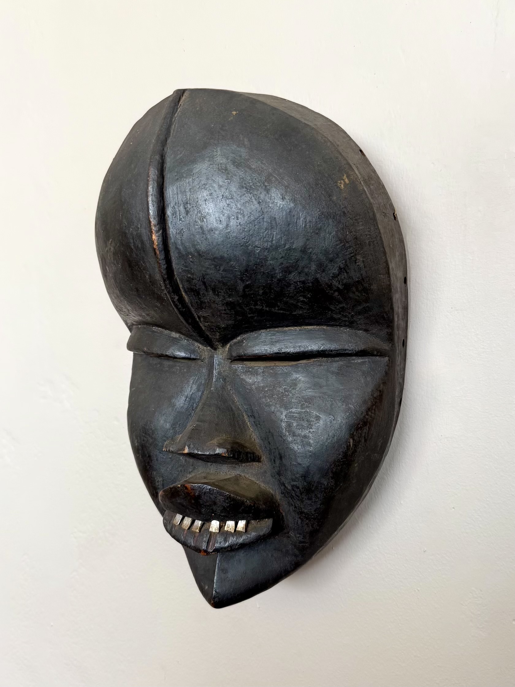 Vintage Boho Hand Carved Wood Painted Mask - Wood, 8W x 12H - Back view