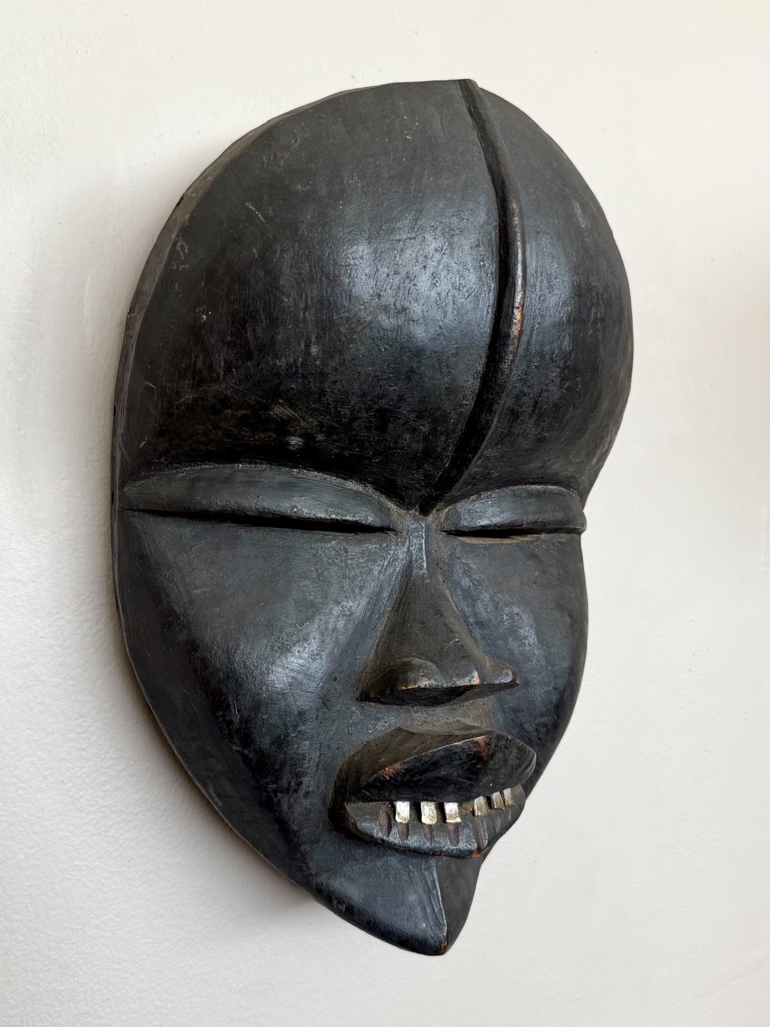Vintage Boho Hand Carved Wood Painted Mask - Wood, 8W x 12H - Top view