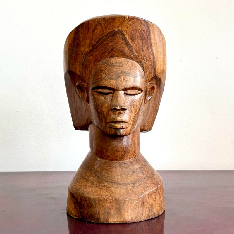 Vintage Boho Solid Wood Carved Bust - Side view