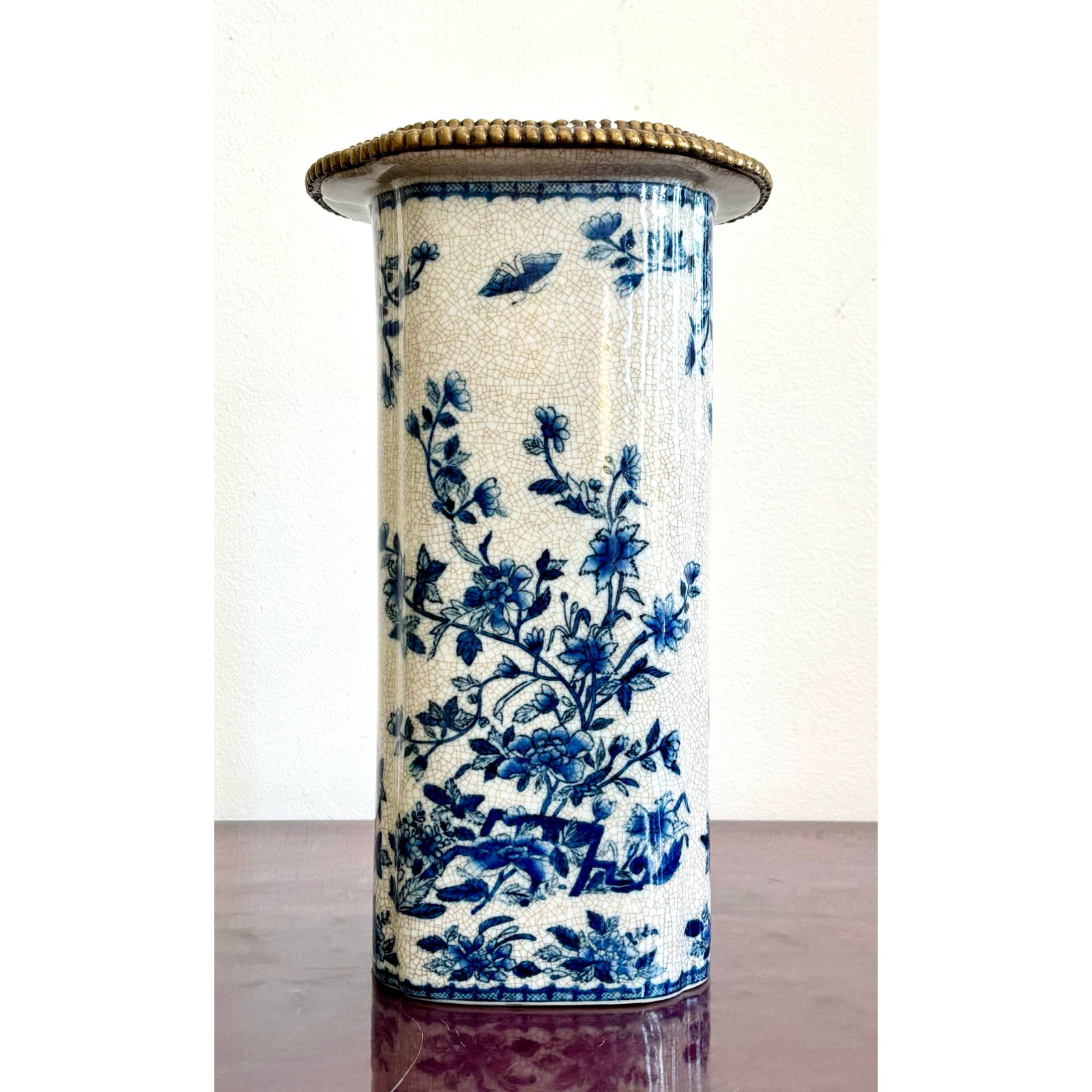 Vintage Hand Painted Blue and White Vase With Burnished Brass Detailing - Side view