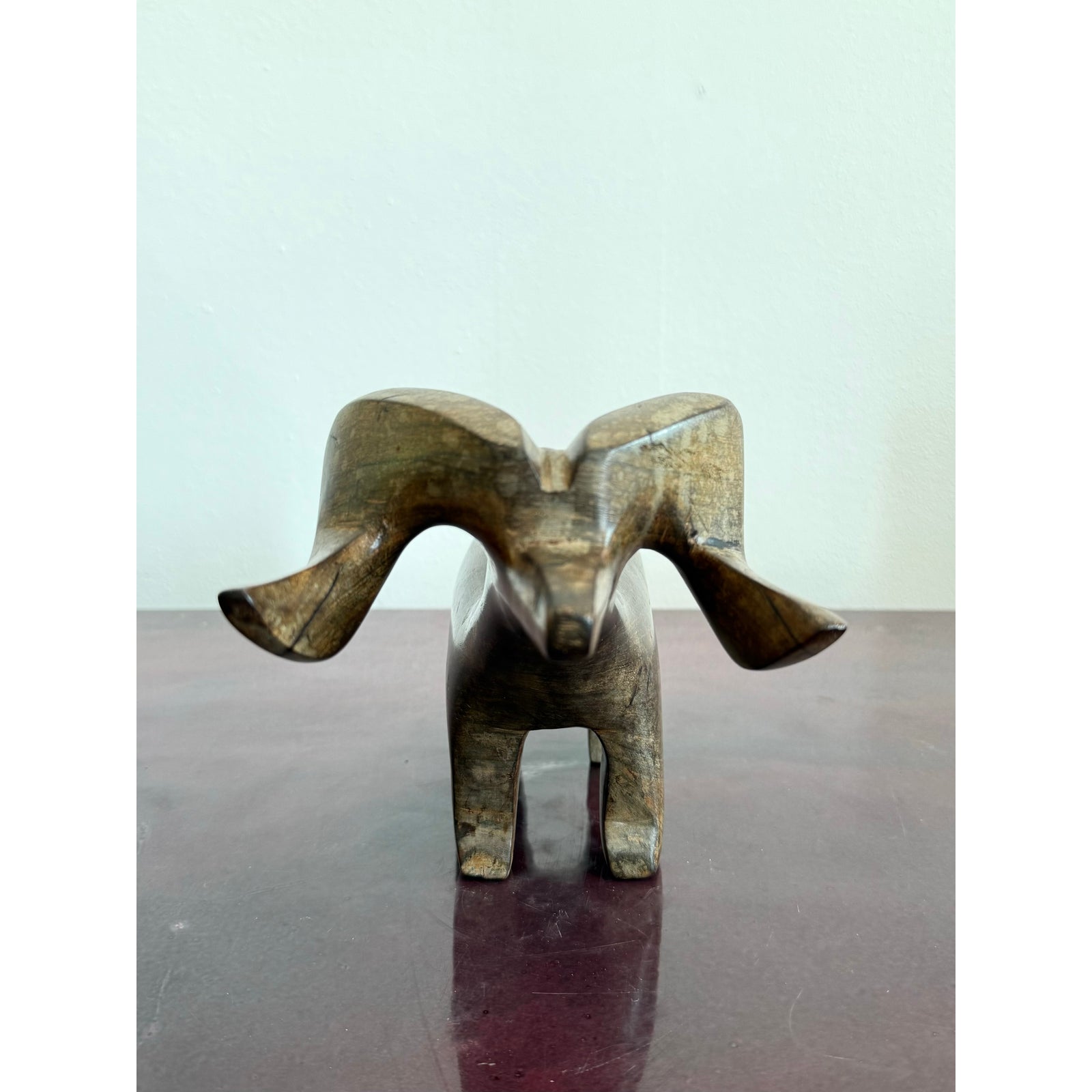 Vintage Hand-Carved Wooden Ram Figurine - Top view