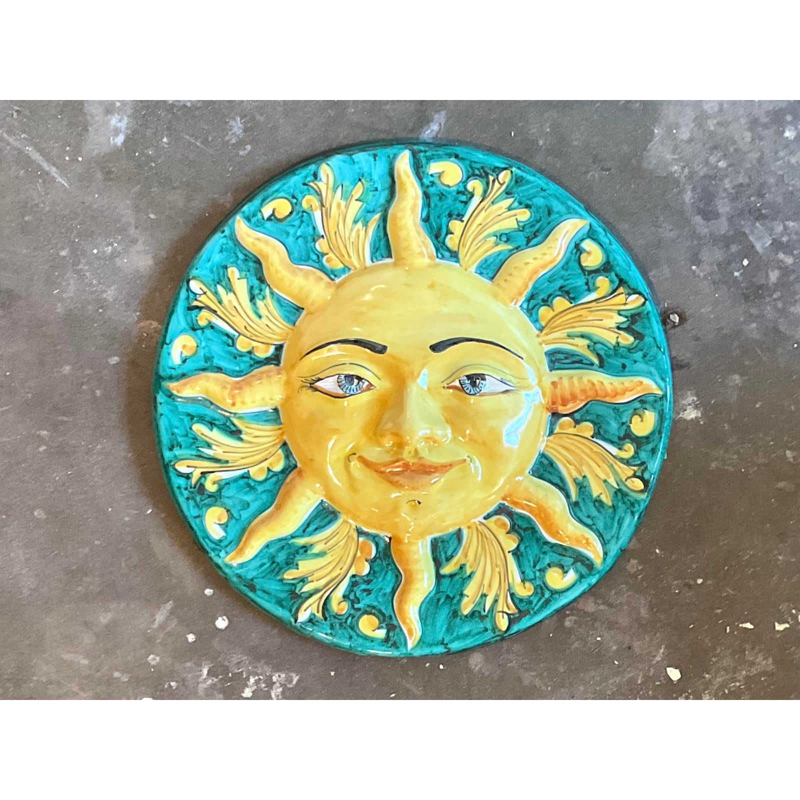 Vintage Italian Glazed Ceramic Sun Plaque - Side view