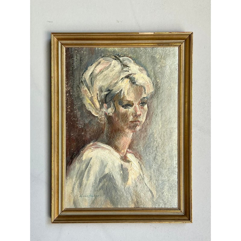 Vintage Boho Original Oil Portrait on Canvas - Wood, 18W x 24.5H - Detail view