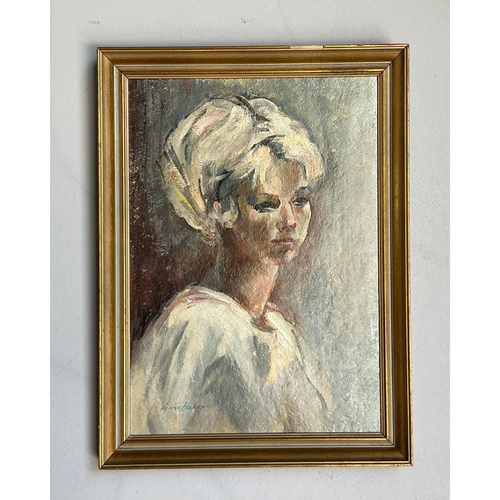 Vintage Boho Original Oil Portrait on Canvas - Wood, 18W x 24.5H - Side view