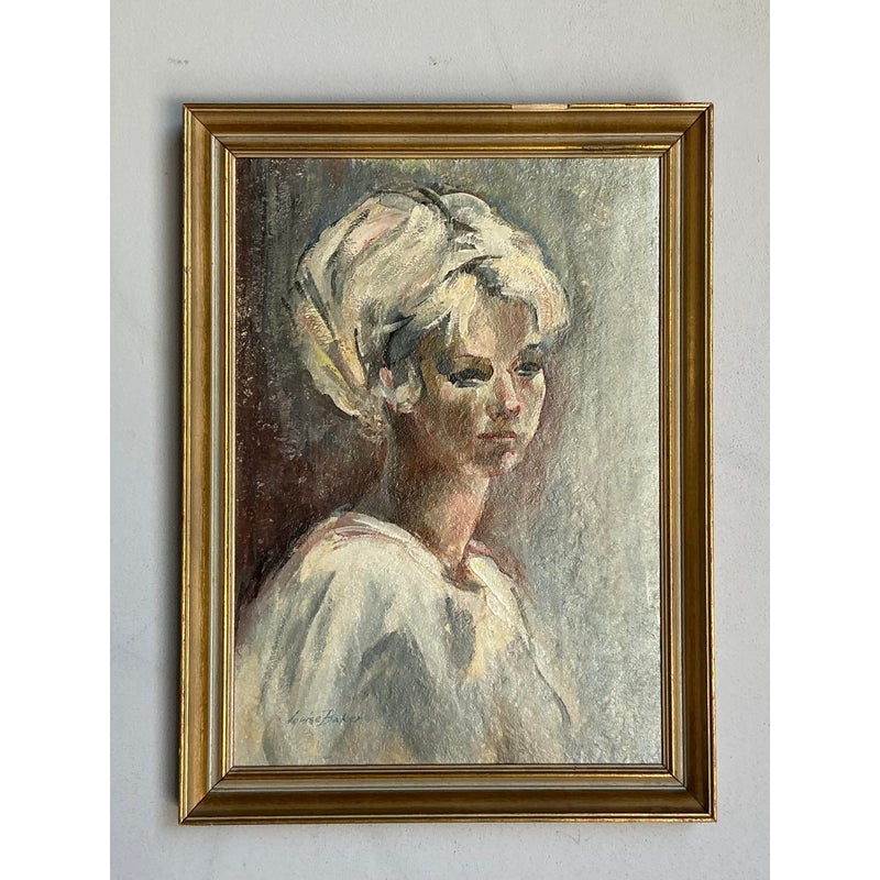 Vintage Boho Original Oil Portrait on Canvas - Wood, 18W x 24.5H - Top view