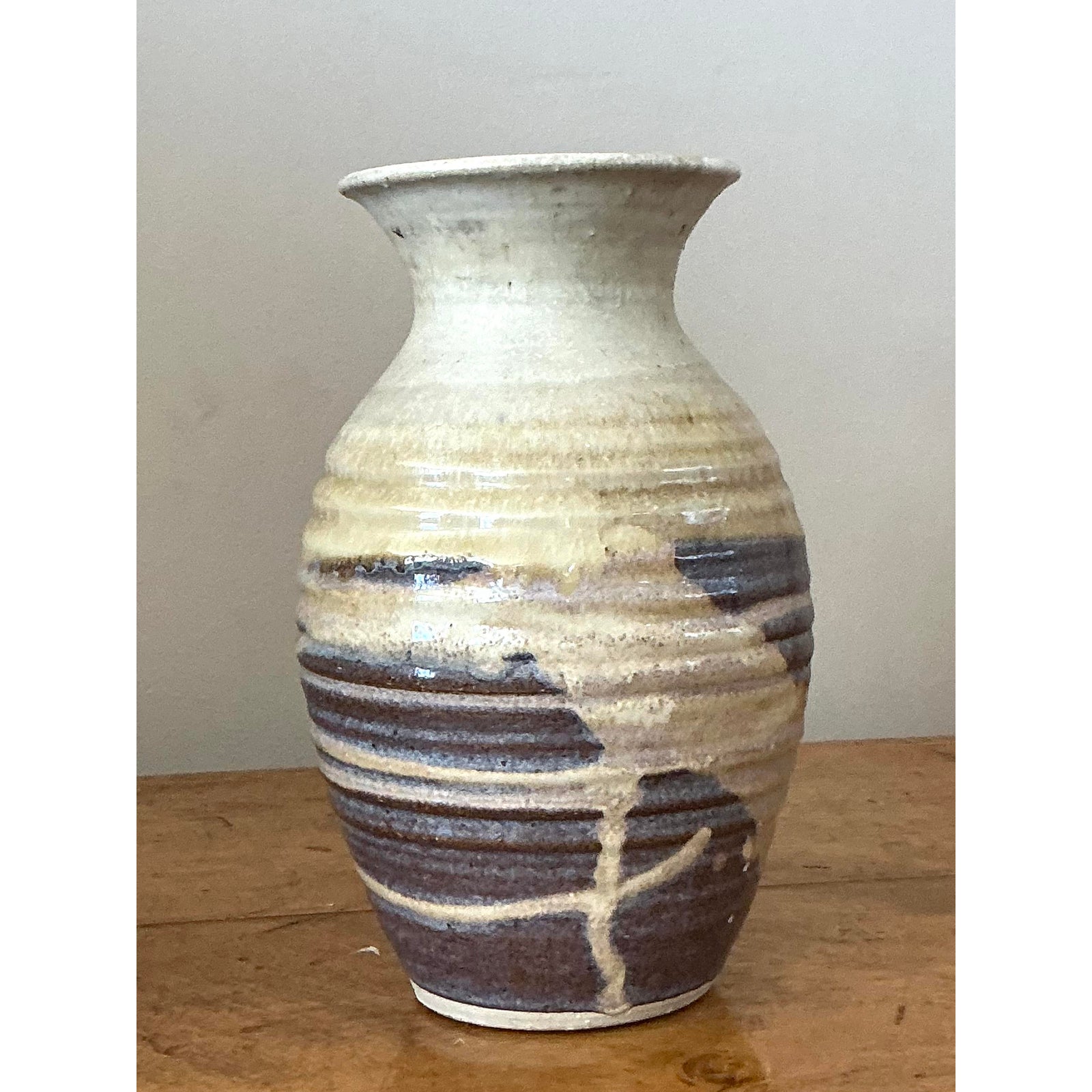 Vintage Boho Glazed Ceramic Vase - Ceramic, 5.5W x 9.5H - Back view