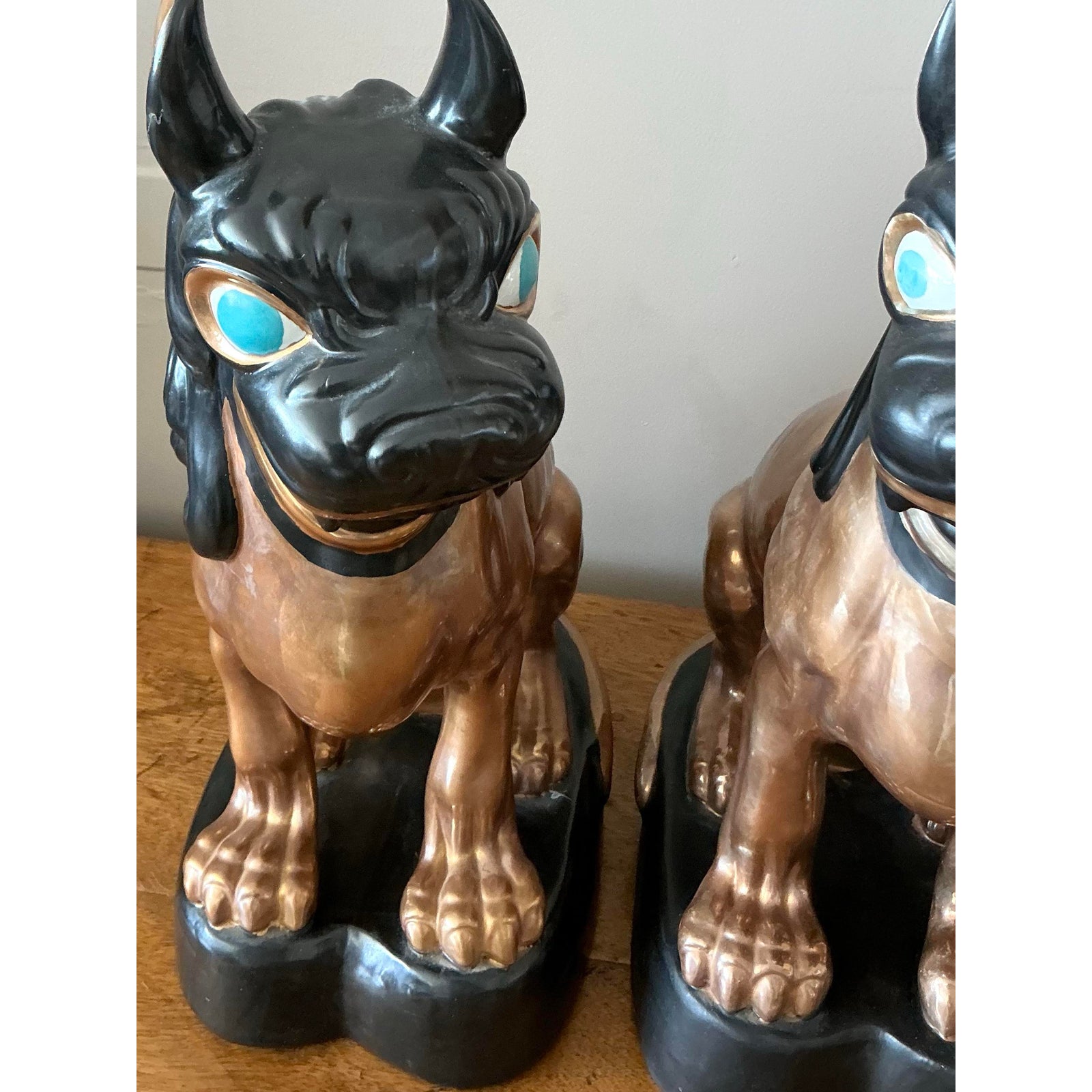 Vintage Glazed Ceramic Foo Dogs - A Pair - Top view
