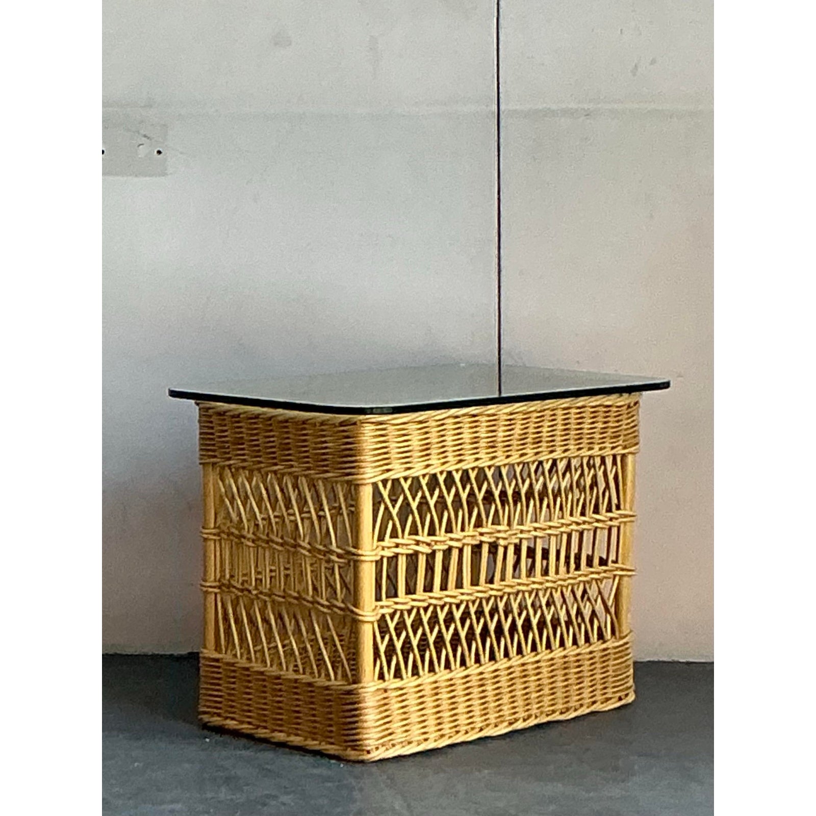 Vintage Boho Trellis Rattan Side Table - Top view