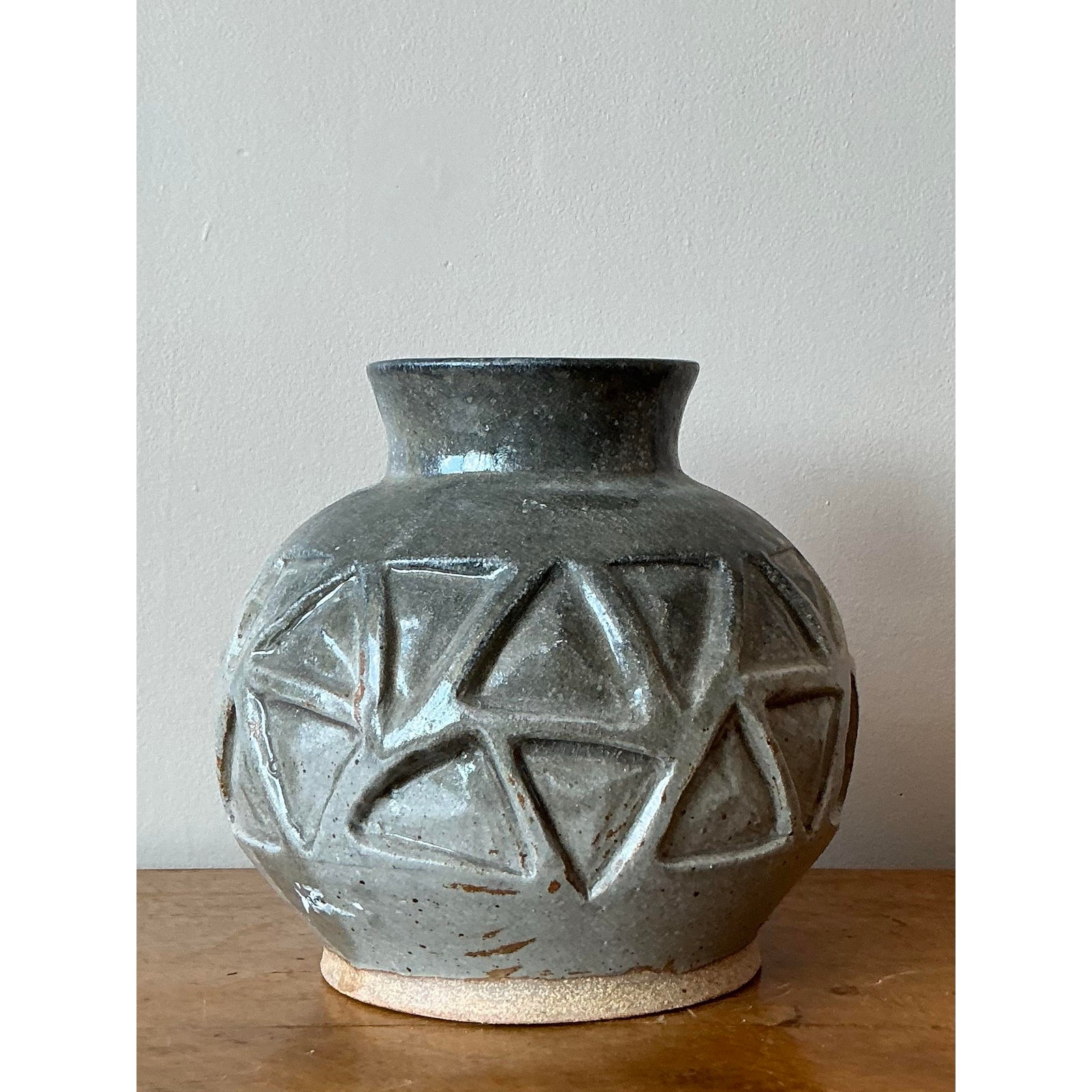 Vintage Boho Original Studio Pottery Vase - Ceramic, 9.5W x 9H - Side view