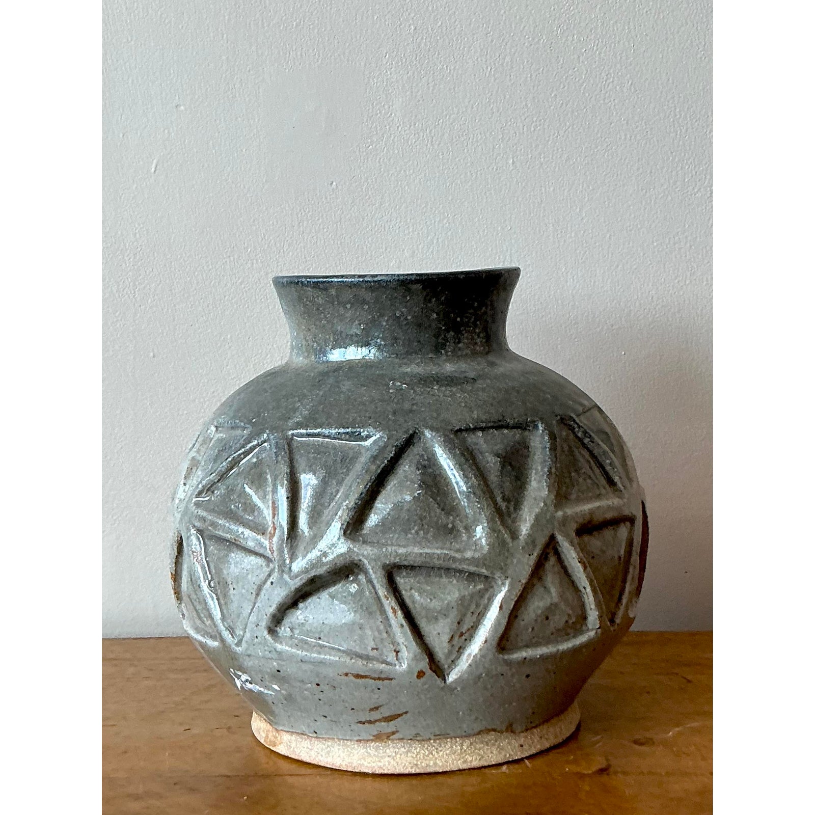 Vintage Boho Original Studio Pottery Vase - Ceramic, 9.5W x 9H - Back view