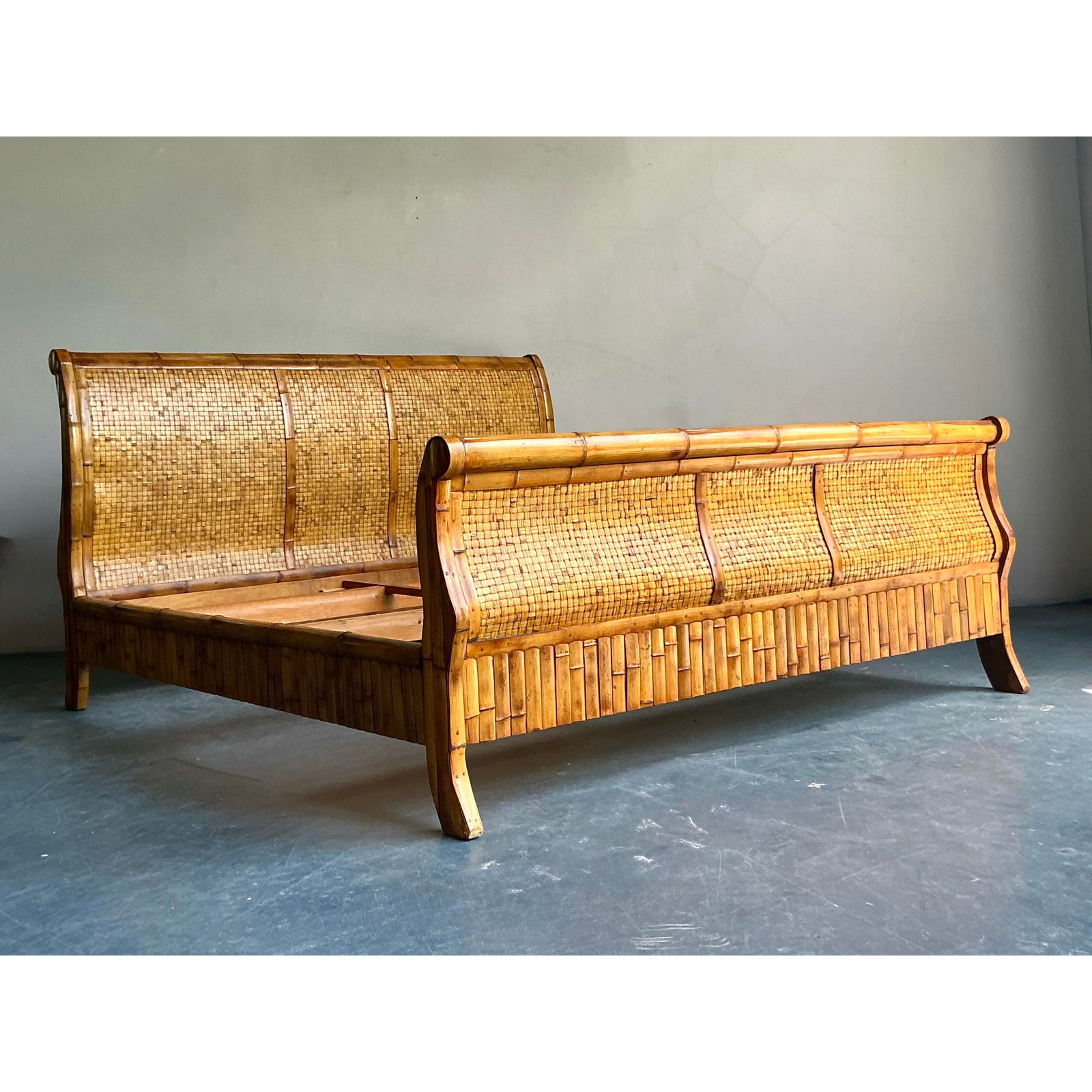 Vintage Boho Woven Rattan California King Sleigh Bed - Side view