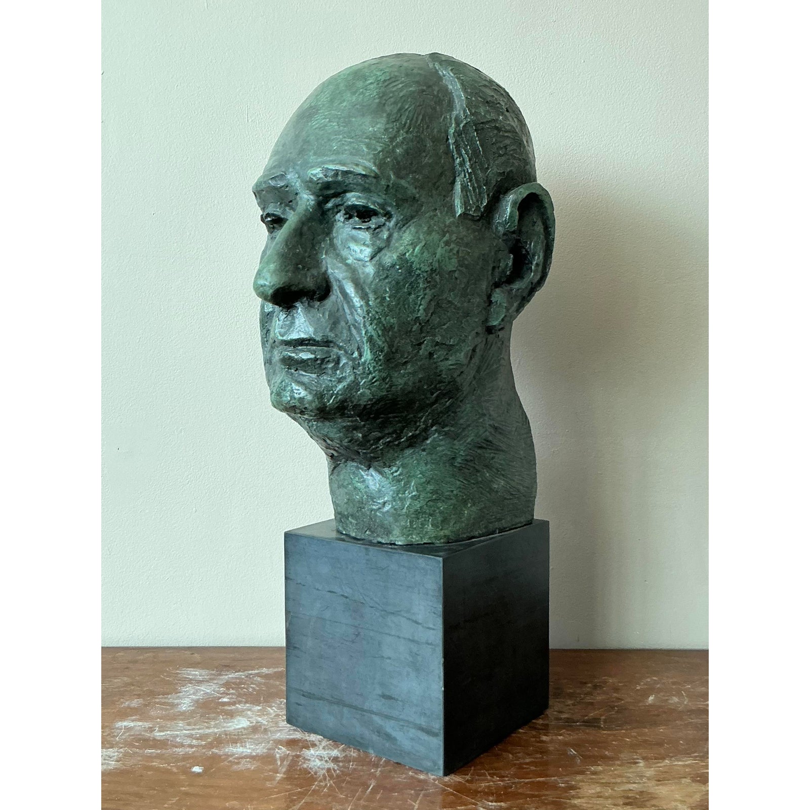 Mid 20th Century Vintage Boho Patinated Cast Plaster Bust of Man - Back view