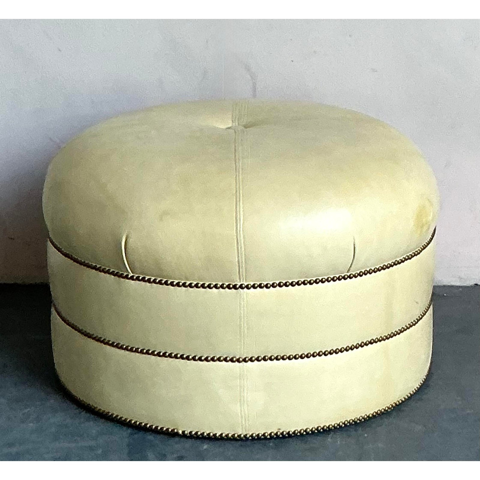 Vintage Regency Tufted Leather Ottoman - Back view