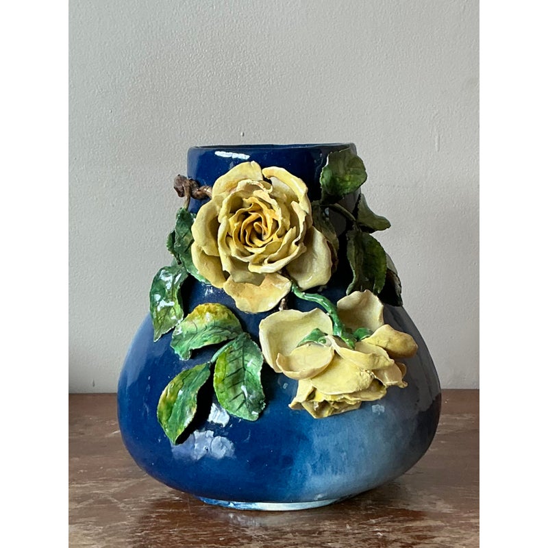 Vintage Regency French Majolica Roses Vase - Back view
