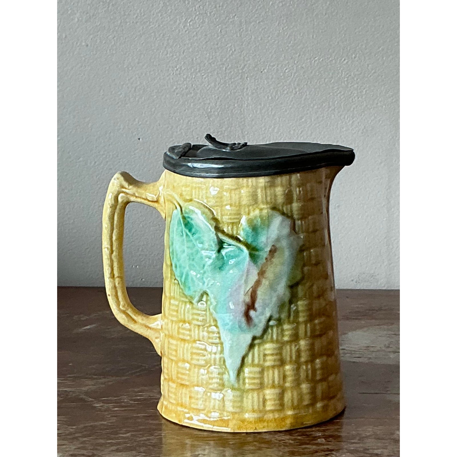 Vintage Majolica Lidded Ceramic Pitcher - Top view