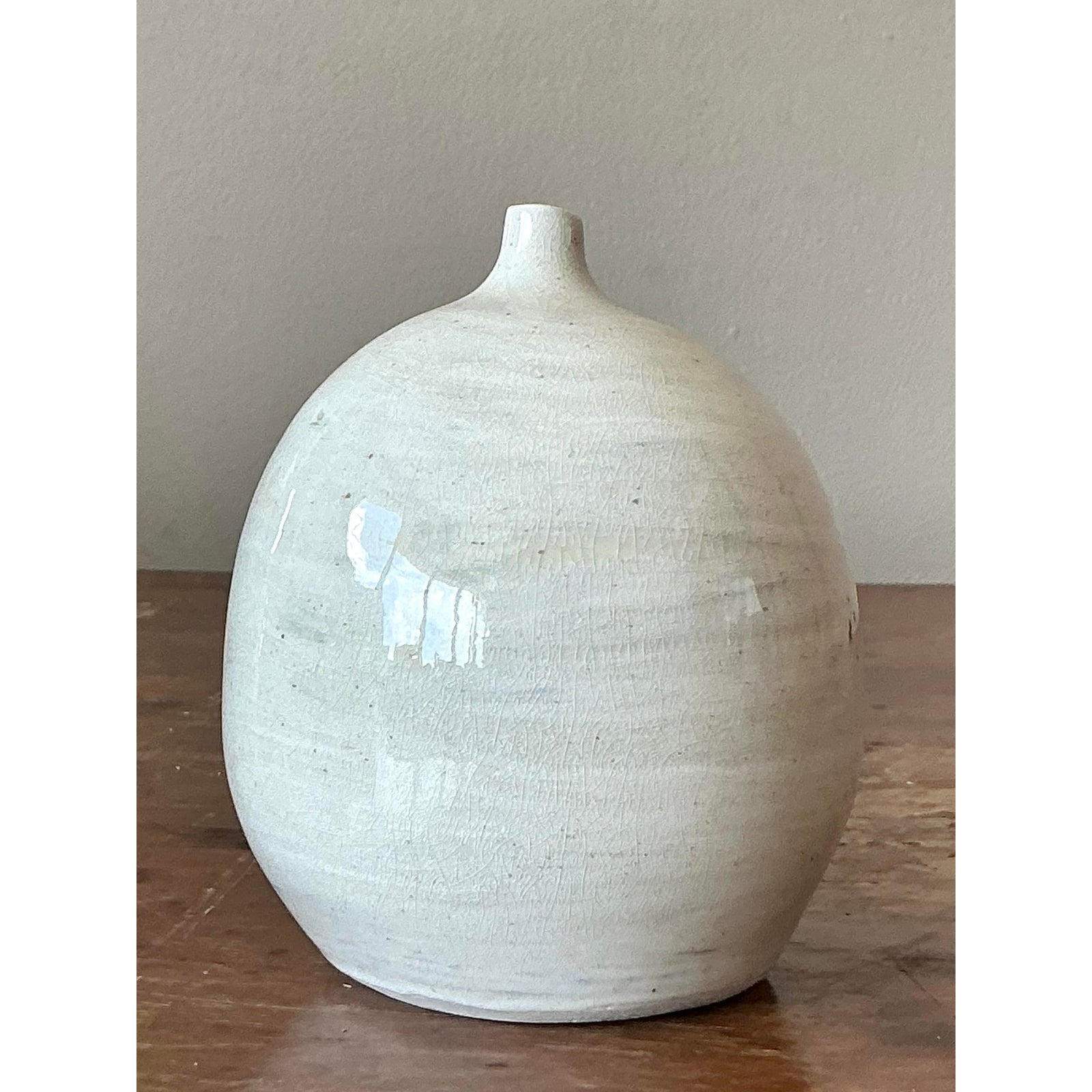 Vintage Boho Glazed Ceramic Vase - Ceramic, 3.75W x 4.5H - Side view