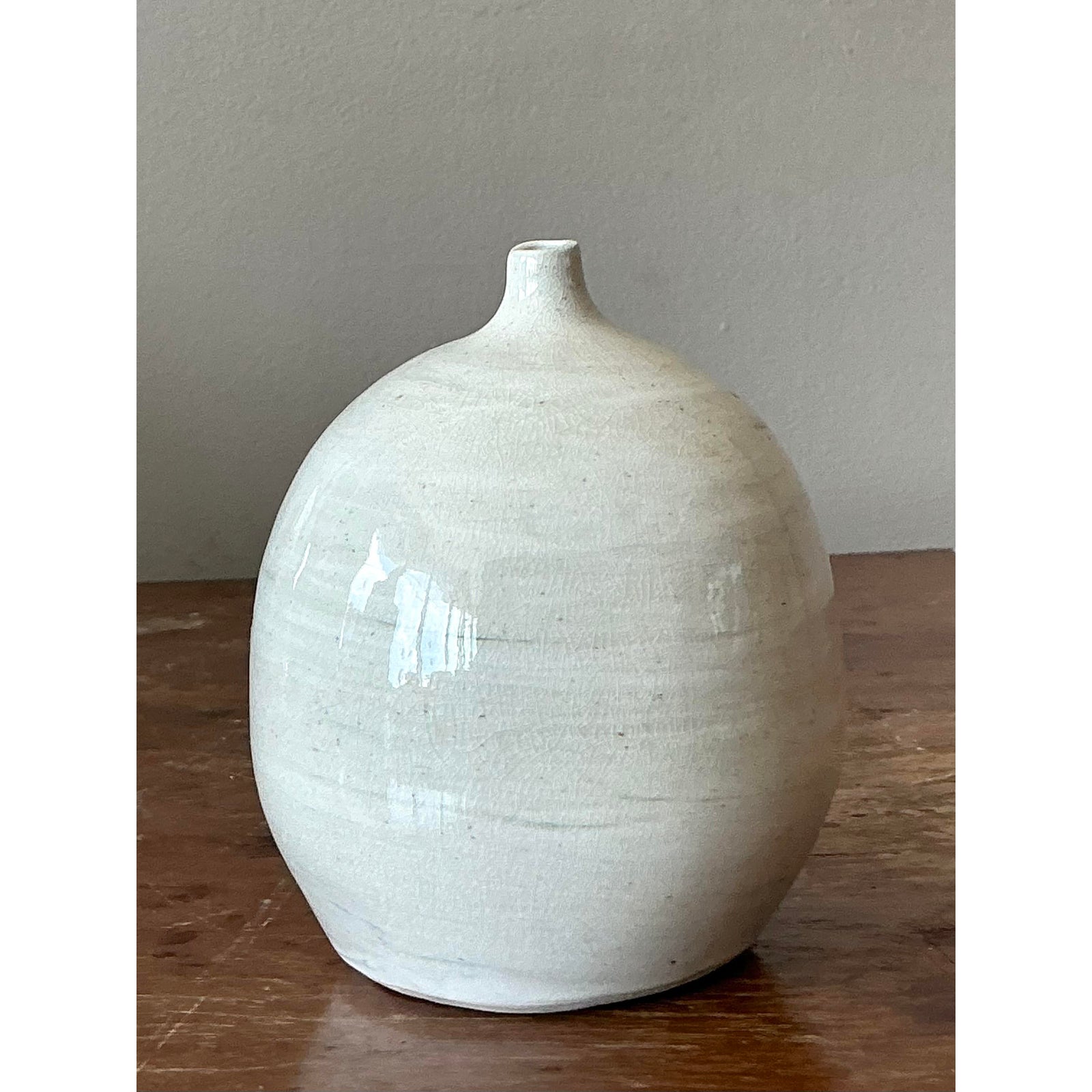 Vintage Boho Glazed Ceramic Vase - Ceramic, 3.75W x 4.5H - Back view