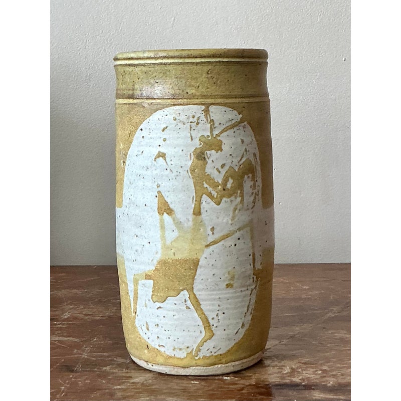 Vintage Boho Praying Mantis Studio Pottery Vase - Side view