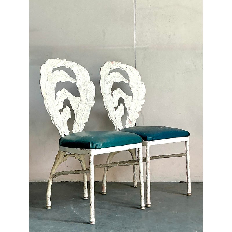 Vintage Boho Banana Leaf Cast Aluminum Dining Chairs - A Pair - Back view