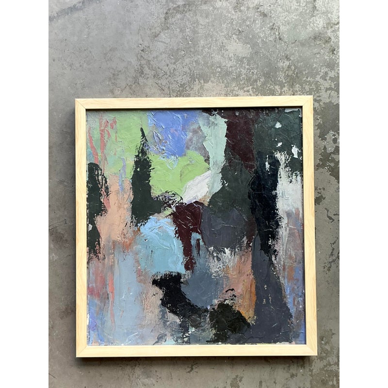 Vintage Boho Original Abstract Oil Painting on Canvas - Canvas, 23.75W x 25.75H - Top view