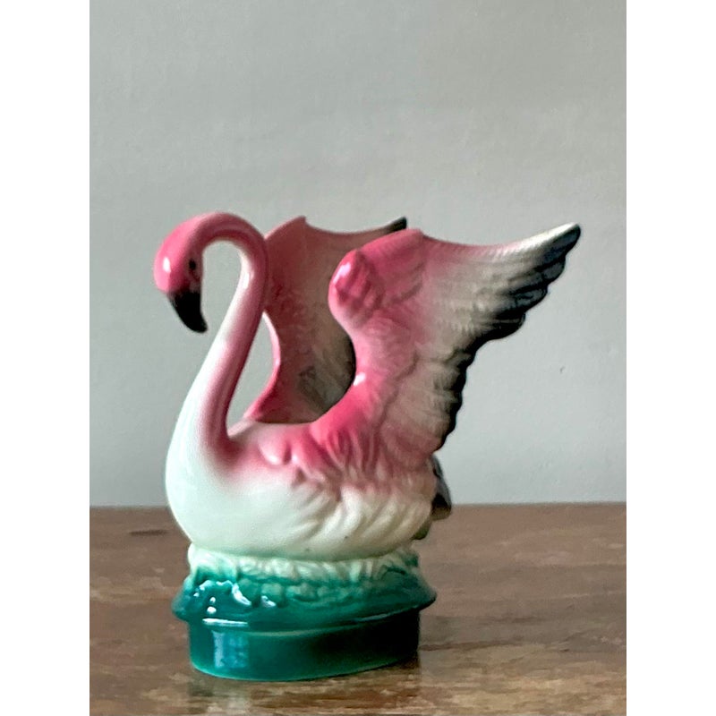 Vintage MCM Glazed Ceramic Flamingo Planter - Back view