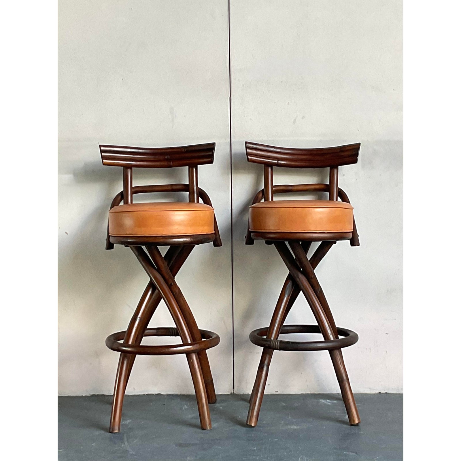 Vintage Boho Bent Rattan Bar Stools - A Pair - Side view
