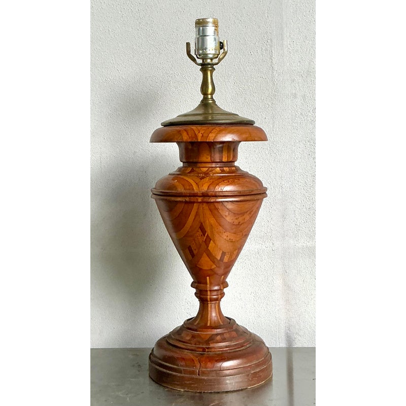Vintage Boho Marquetry Wood Lamp - Side view