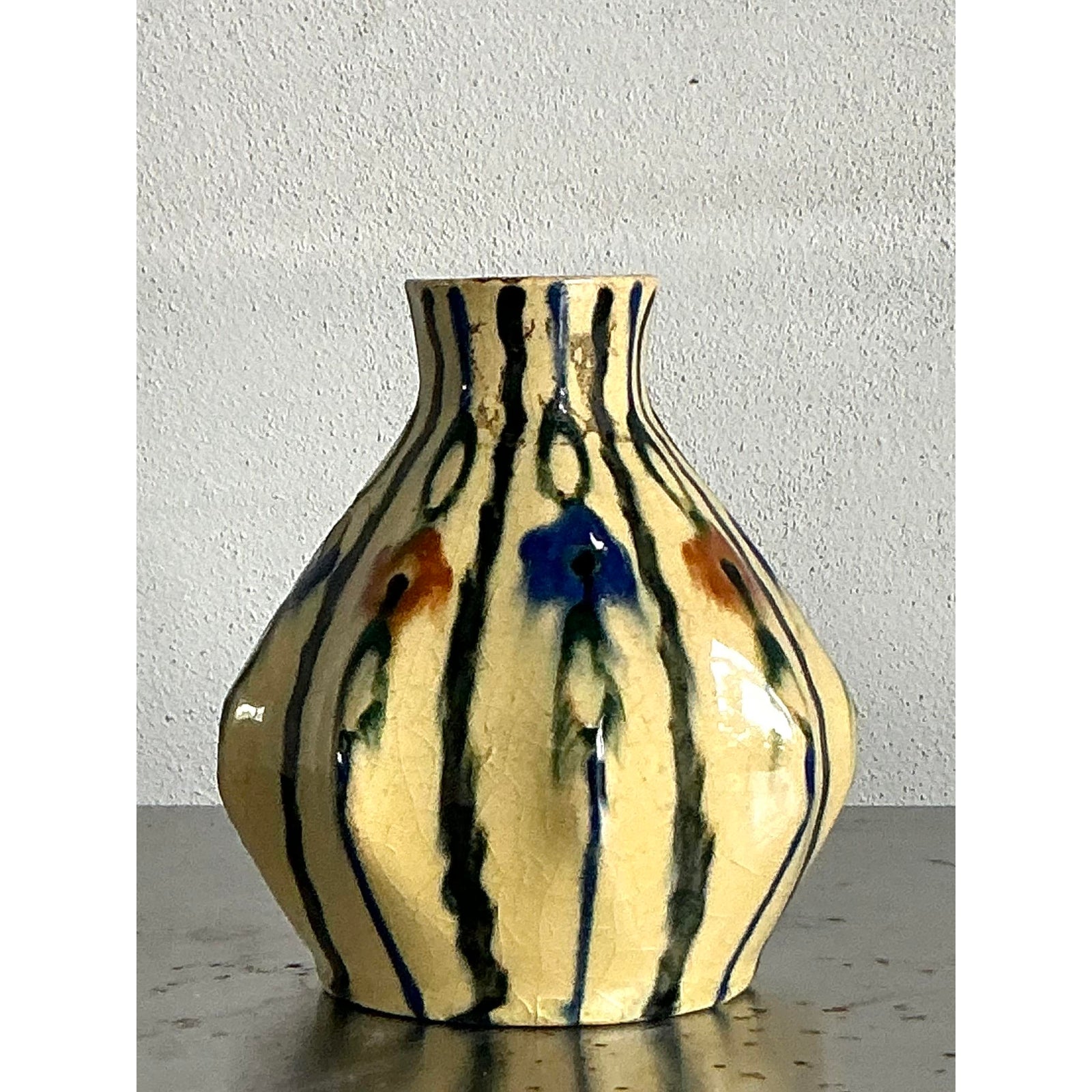Vintage Boho French Glazed Ceramic Vase - Side view