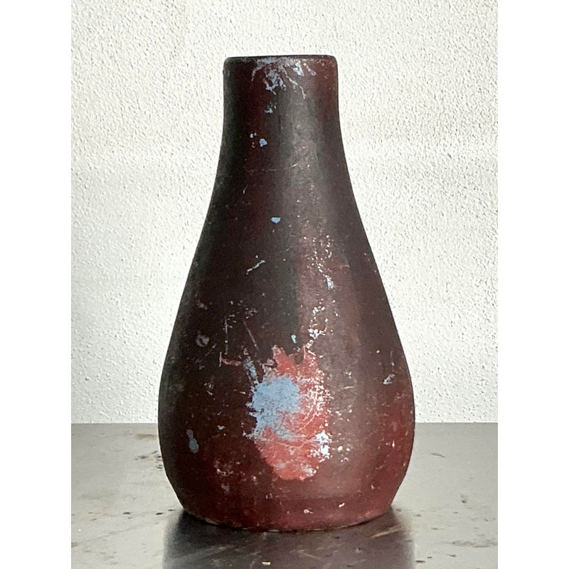 Vintage Boho Studio Pottery Vase - Earthenware, 4.5W x 7.5H - Top view
