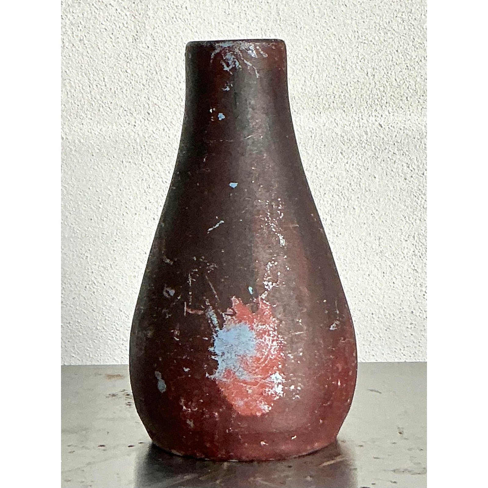 Vintage Boho Studio Pottery Vase - Earthenware, 4.5W x 7.5H - Back view