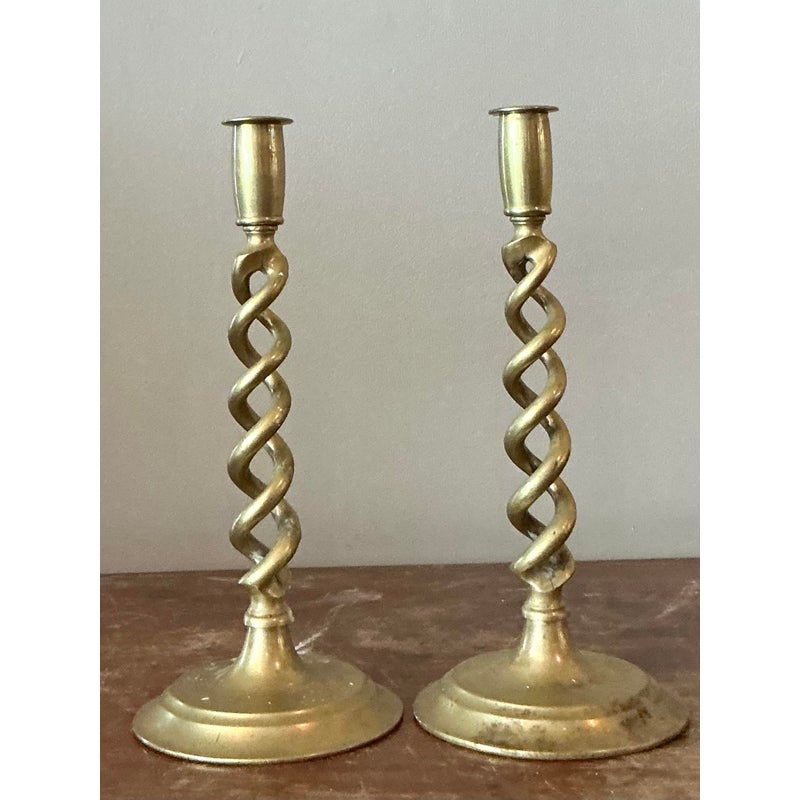 Vintage Regency Twisted Brass Candlesticks - A Pair - Back view