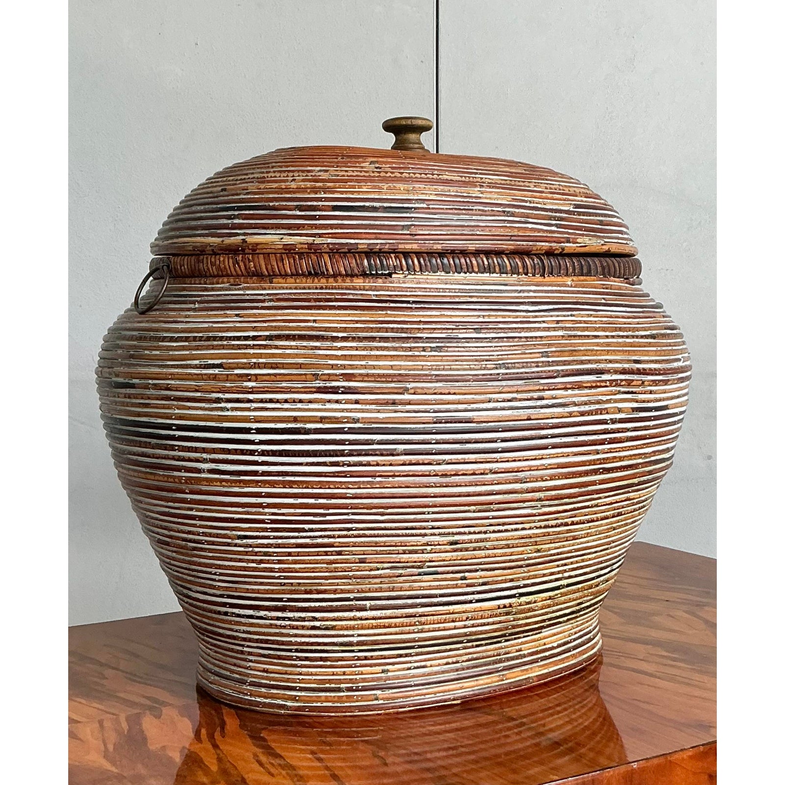 Vintage Boho Monumental Pencil Reed Lidded Basket - Detail view