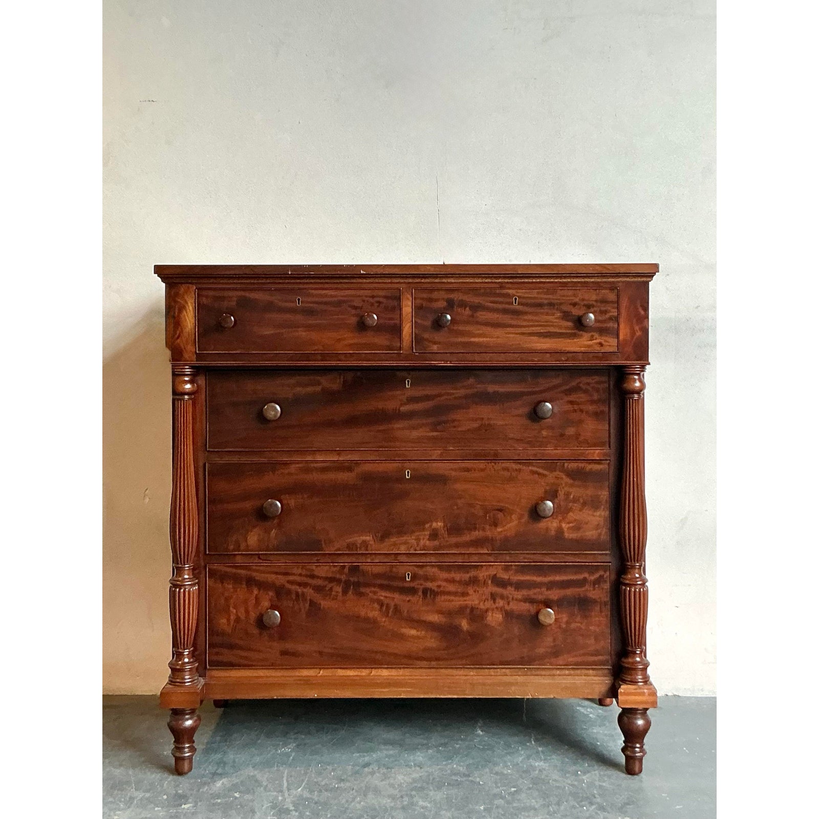 Vintage Federal Flame Mahogany Tall Chest of Drawers - Side view