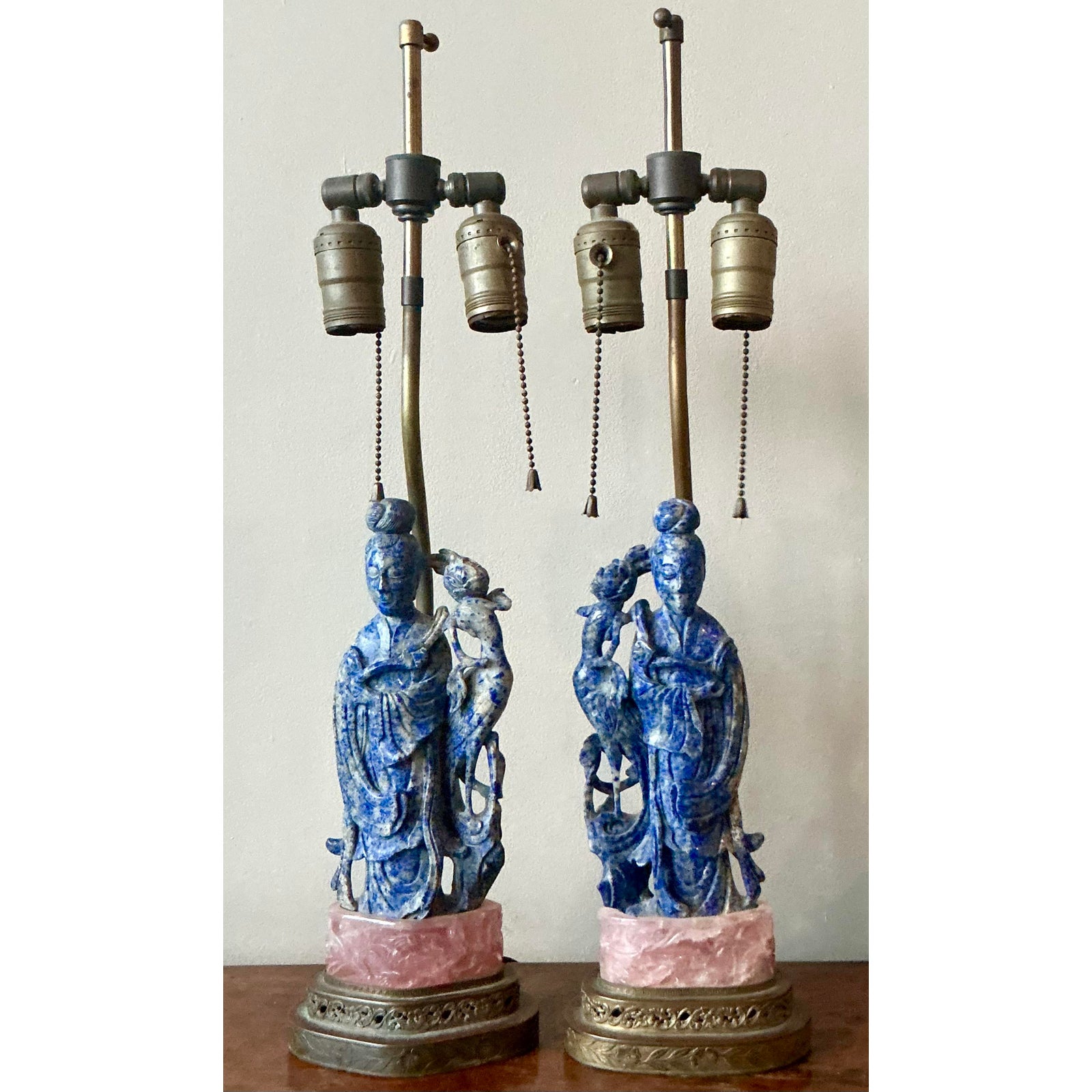Vintage Regency Lapis Lazuli and Rose Quartz Figural Lamps - Set of 2 - Detail view
