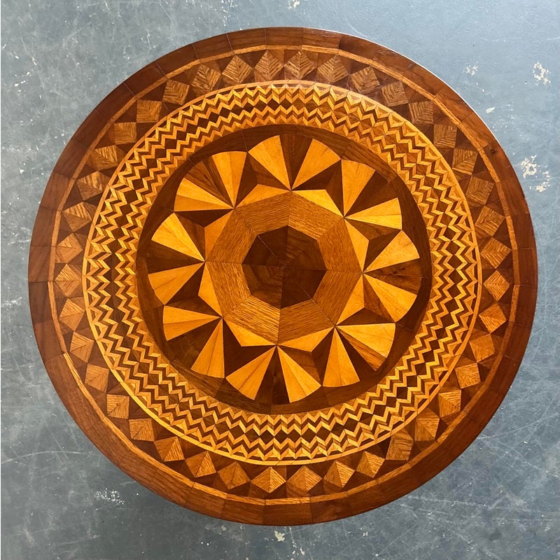 Vintage Boho Marquetry Wood Side Table - Back view