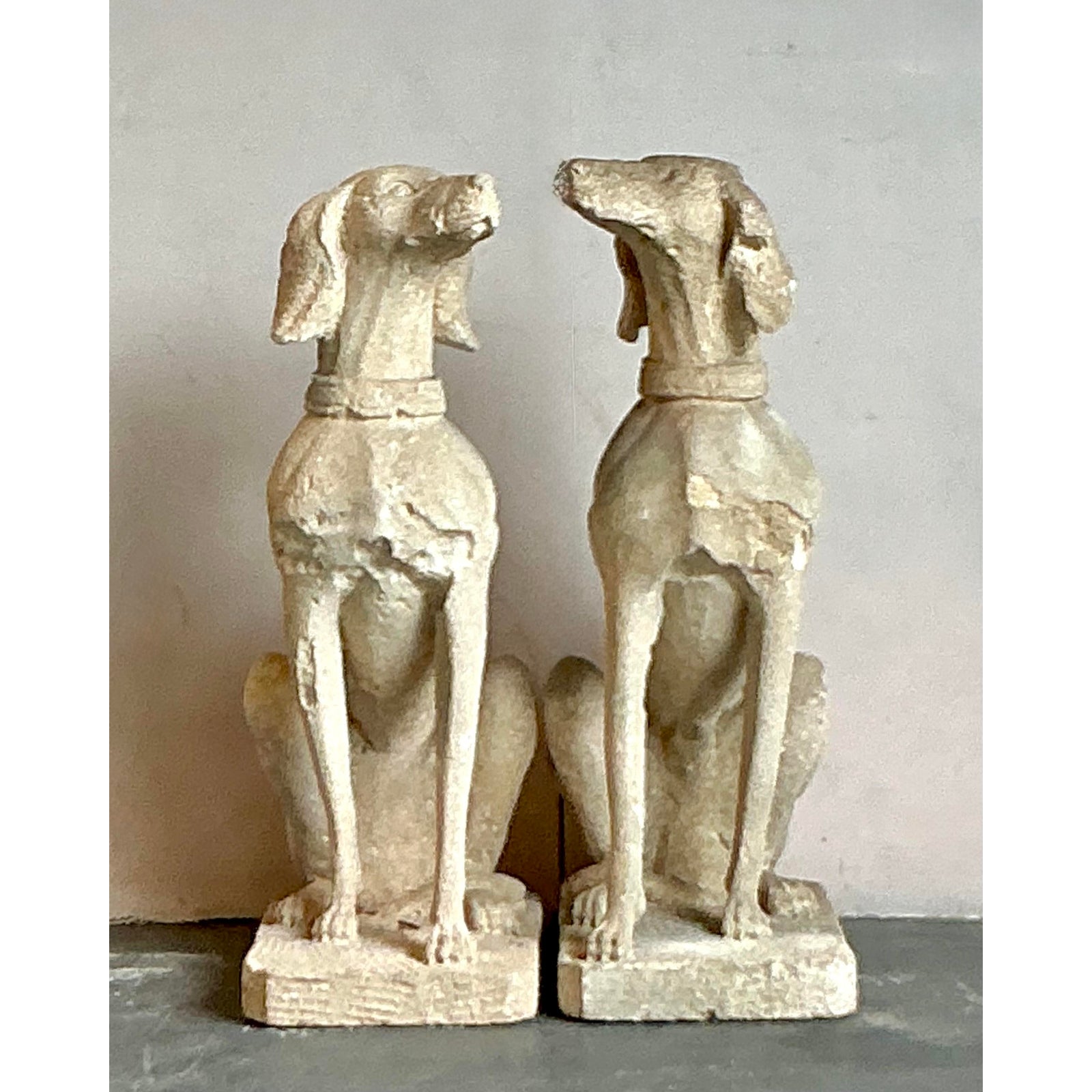 Vintage Regency Distressed Cast Concrete Dogs - Side view
