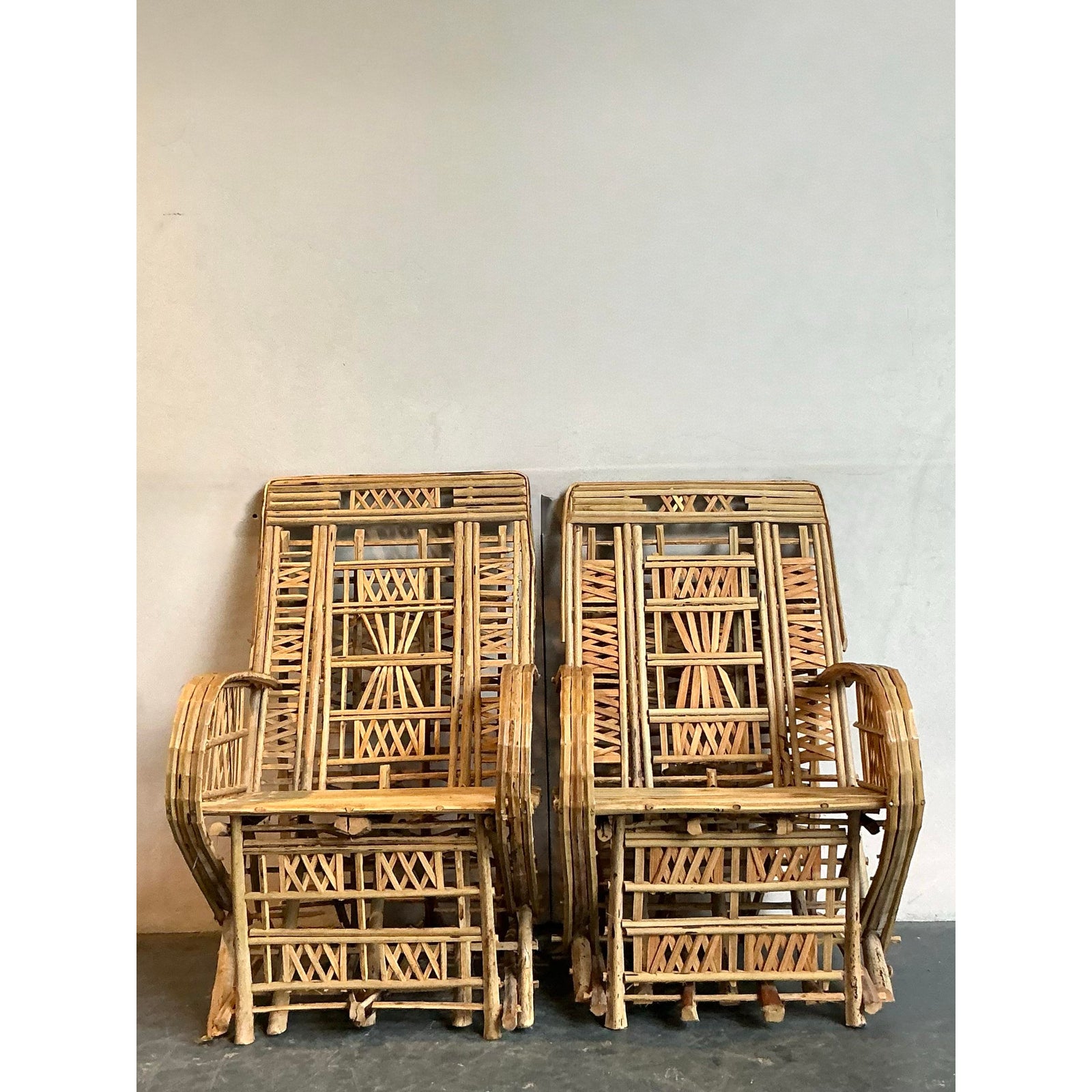 Vintage Boho Trellis Rattan Lounge Chairs - Set of 2 - Back view