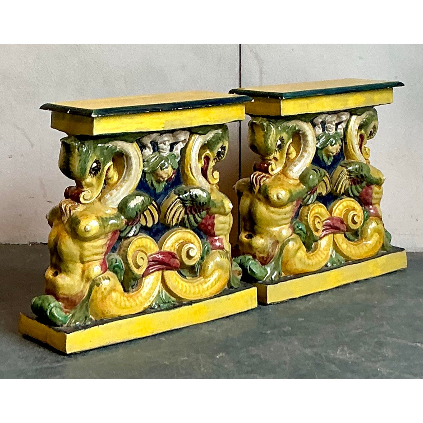 Vintage Coastal Glazed Terracotta Side Tables - A Pair - Side view