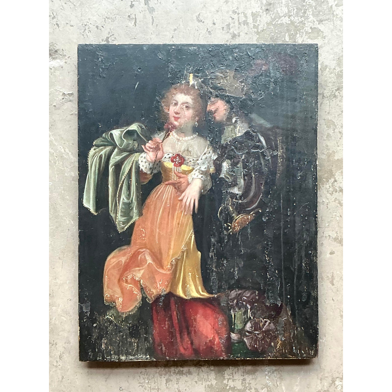 Vintage Boho 19th Century Figural on Board - Wood, 19W x 25.25H - Top view