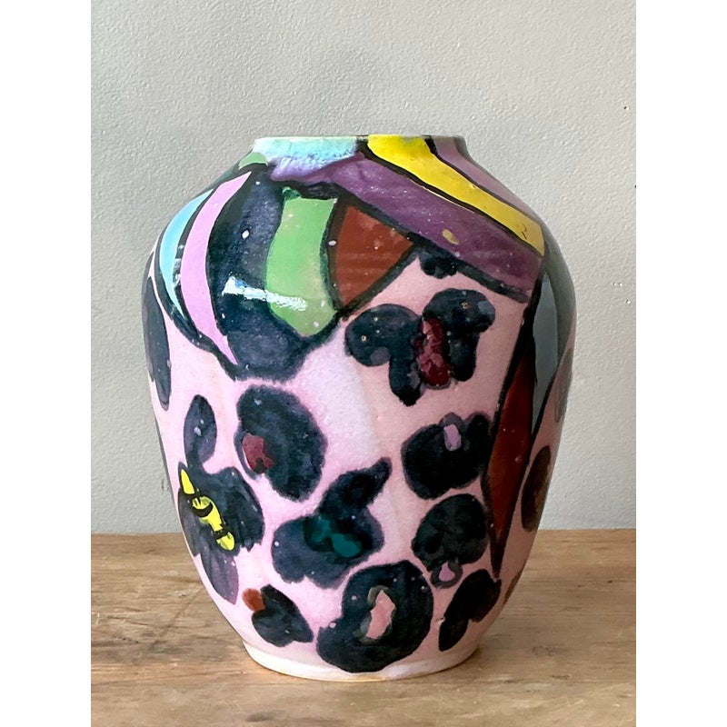 Vintage Boho Hand Painted Glazed Ceramic Vase - Detail view