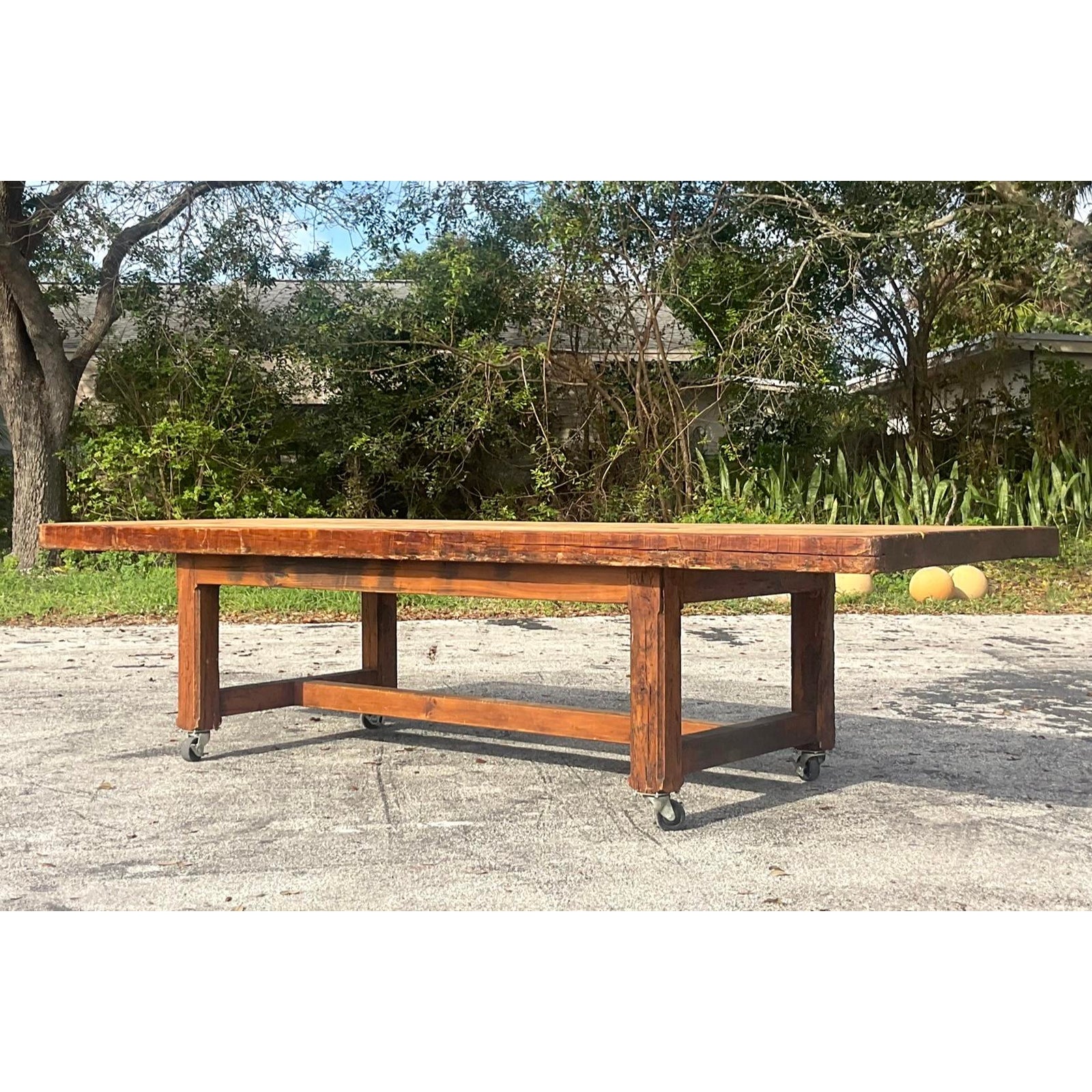 Vintage Boho Monumental Industrial Plank Dining Table on Casters - Detail view