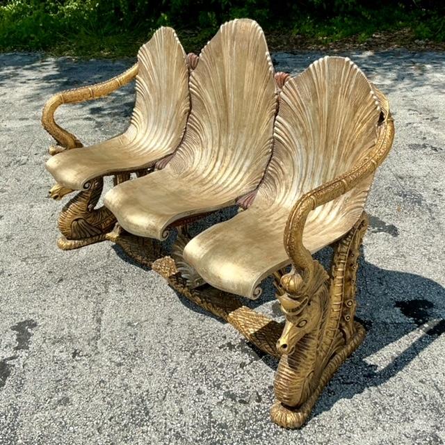 Vintage Coastal Venetian Gilt Carved Grotto and Seahorse Bench - Top view