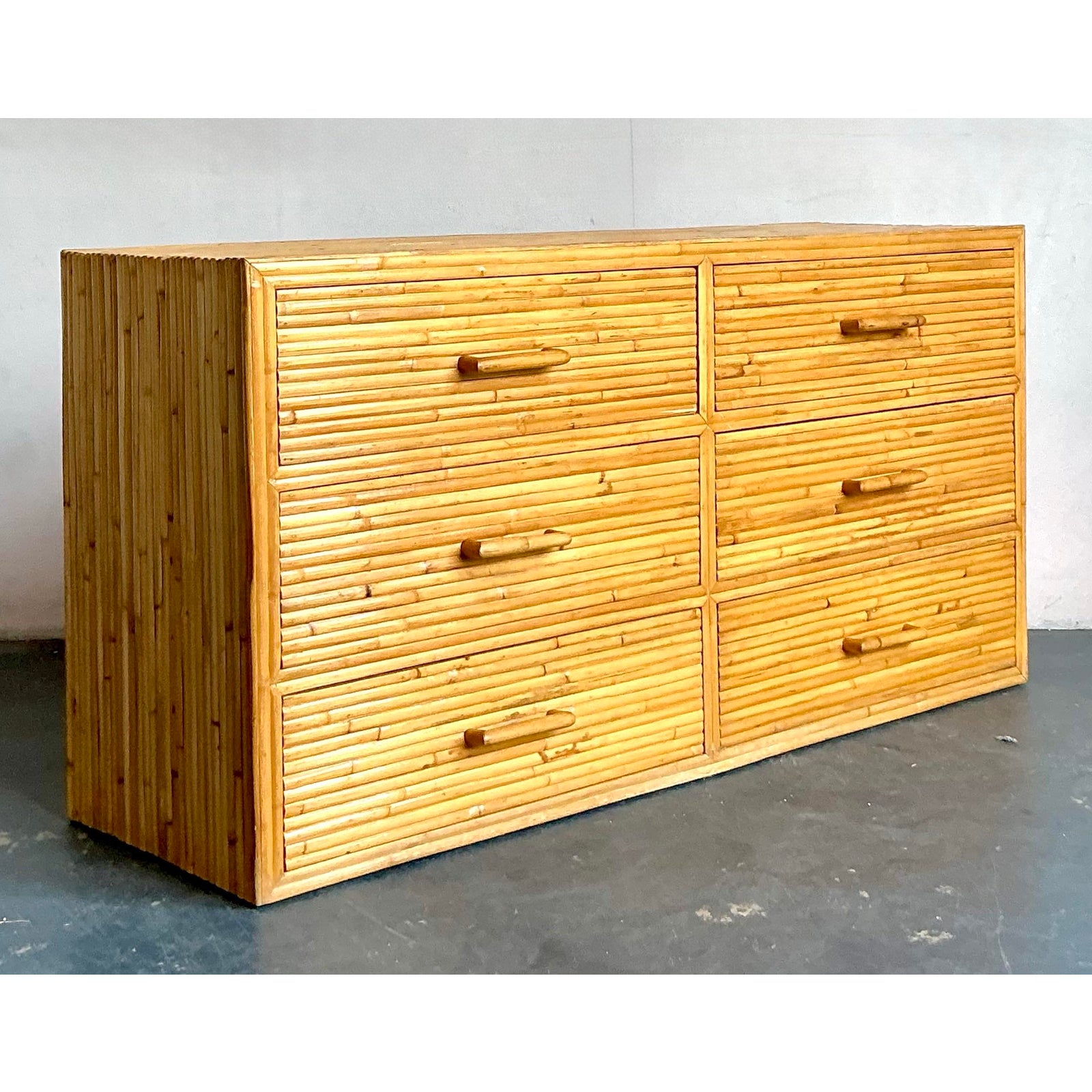 Vintage Boho Rattan Six Drawer Dresser - Top view