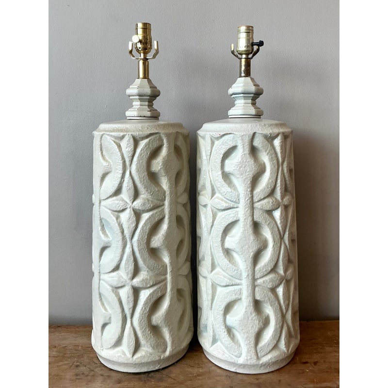 Vintage Boho Painted Ceramic Lamps - A Pair - Back view